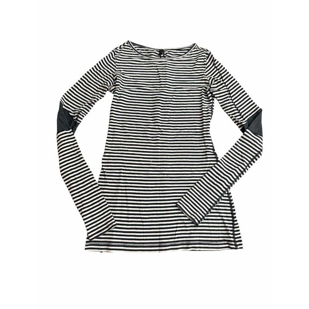 Lululemon Devotion Long Sleeve Shirt Striped Black White Elbow Patchwork #HH6-1